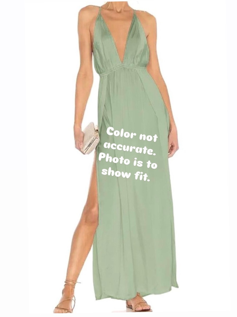 Indah NWTs Plunging V-Neck Sage Green Maxi Dress with Side Slit & Open Back. XS